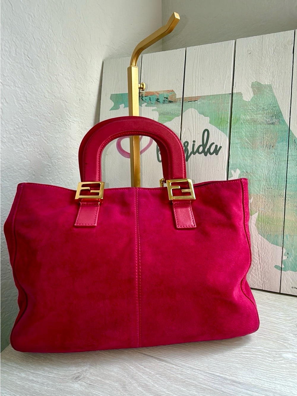 Vintage Fendi 26693 Fuchsia Pink Suede Twins Tote Gold FF Hardware Made in Italy